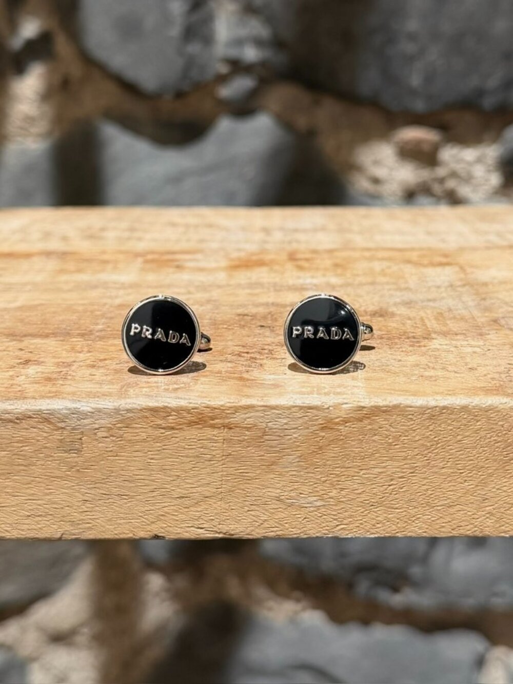 Prada Black Enamel Silver Logo Round Cufflinks
